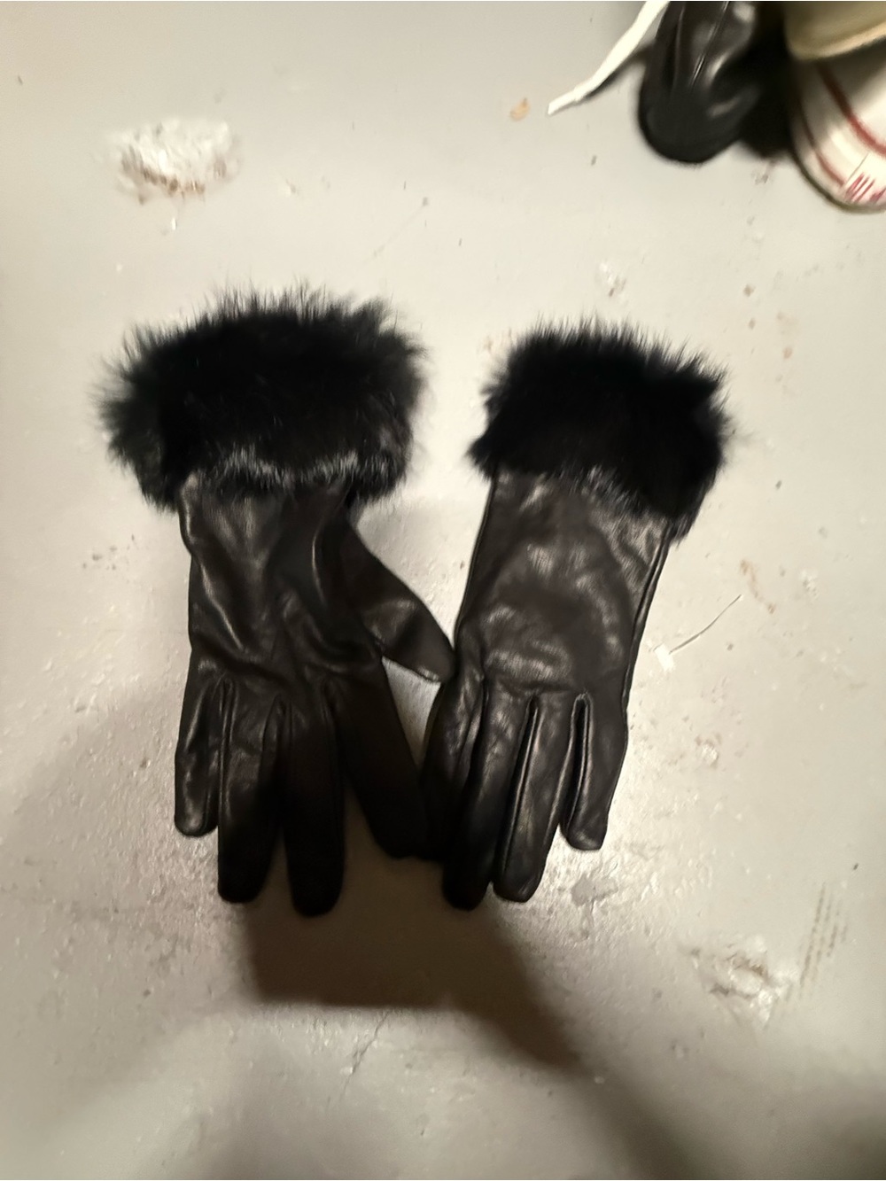 Women's Black Leather Gloves with Genuine Rabbit Fur Cuff - Size M